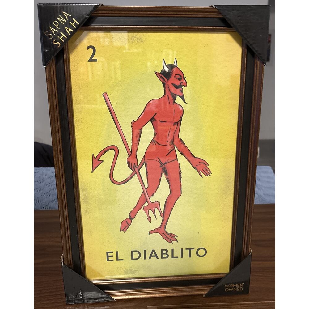 New Sapna Shah Framed Art El Diablito Mexican Lotería Devil Card 18” x 12”